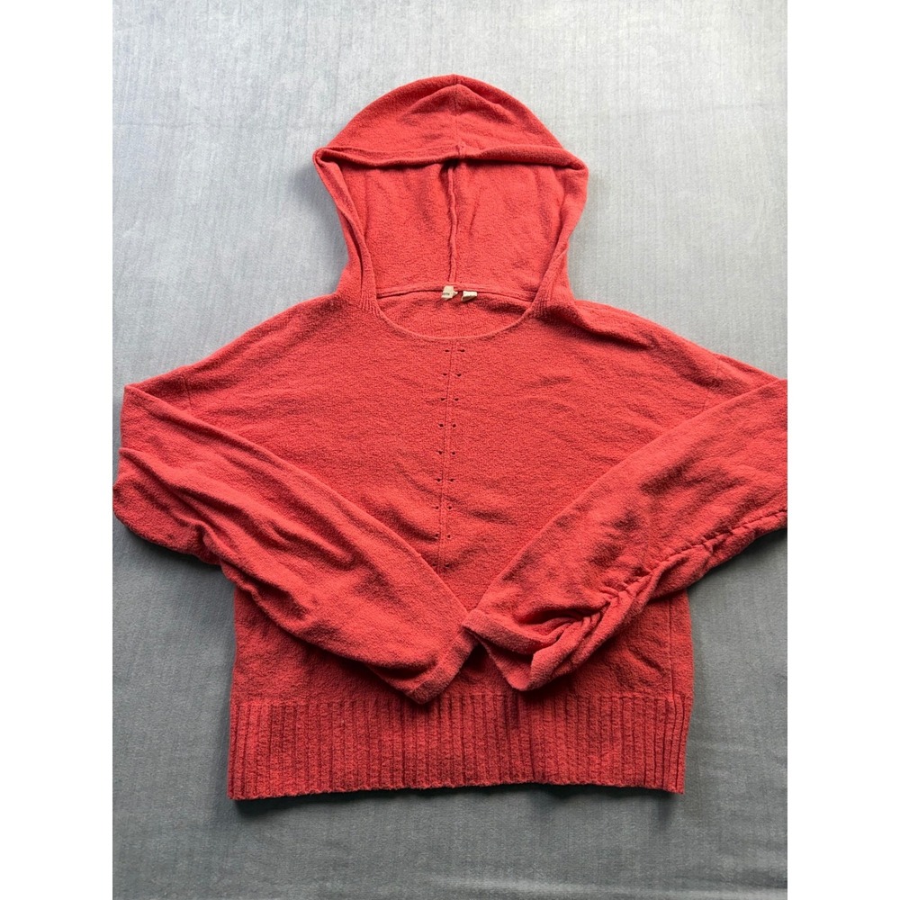 Moth Anthropologie Knit Hoodie Sweater Coral Orange Pointelle Cotton Blend L - Picture 3 of 7